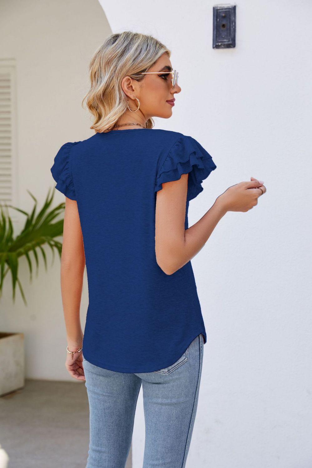 Smocked Layered Ruffle Flutter Sleeve V-Neck Top - Top