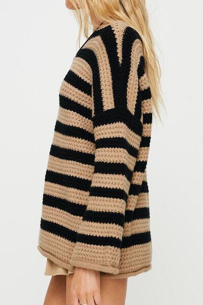 Striped Round Neck Dropped Shoulder Sweater - Sweater