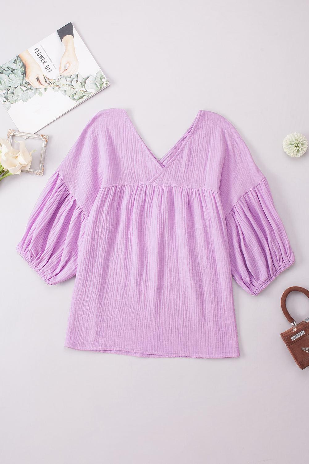 Dropped Shoulder V-Neck Long Peasant Sleeves Blouse - Blouse