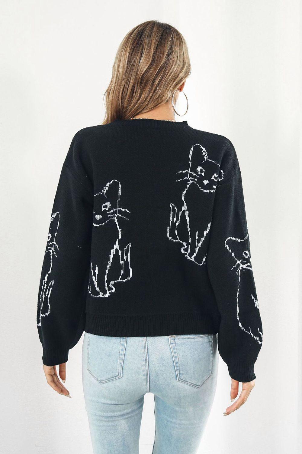 Cat Pattern Round Neck Dropped Shoulders Sweater - Sweater