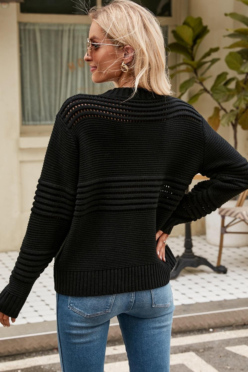 Ribbed Round Neck Openwork Pullover Sweater - Sweater