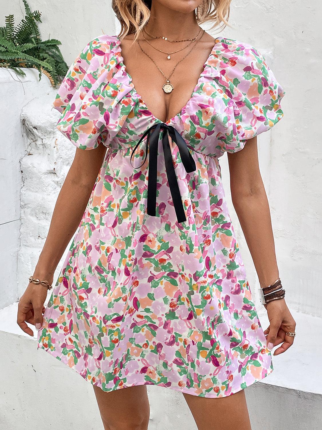 Printed V-Neck Puff Sleeve Mini Dress - Dresses