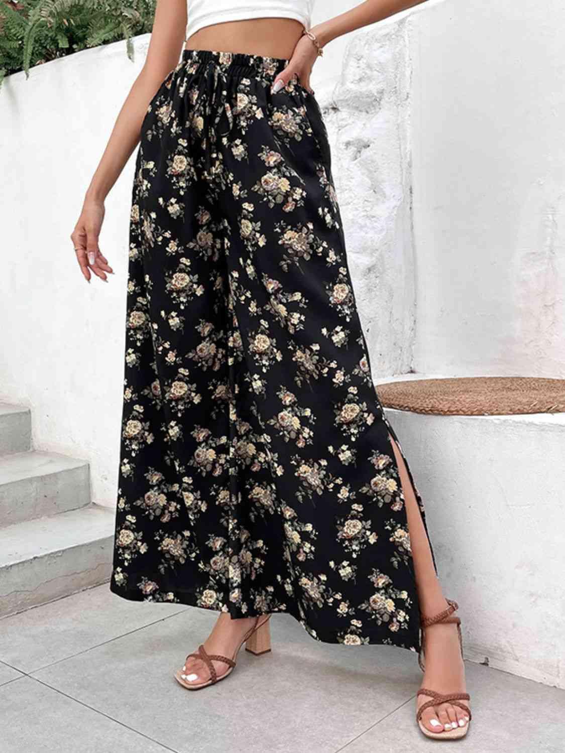 Floral Side Slit Wide Leg Pants - Pant