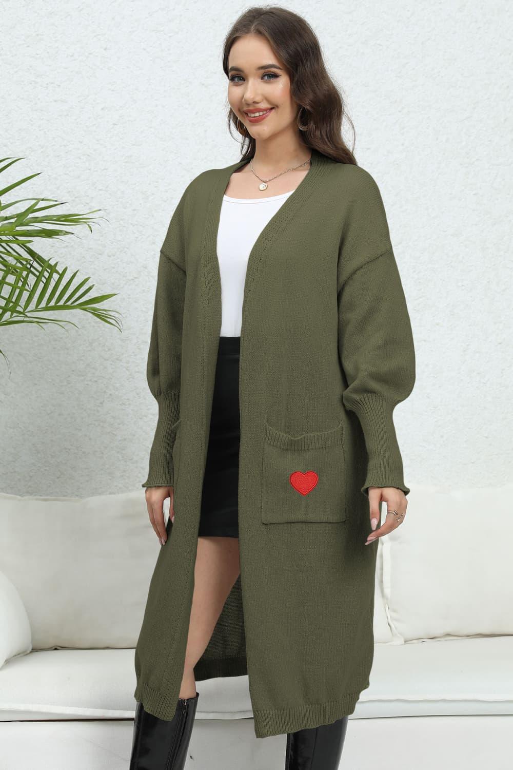 Lantern Sleeve Open Front Pocketed Cardigan - Cardigan