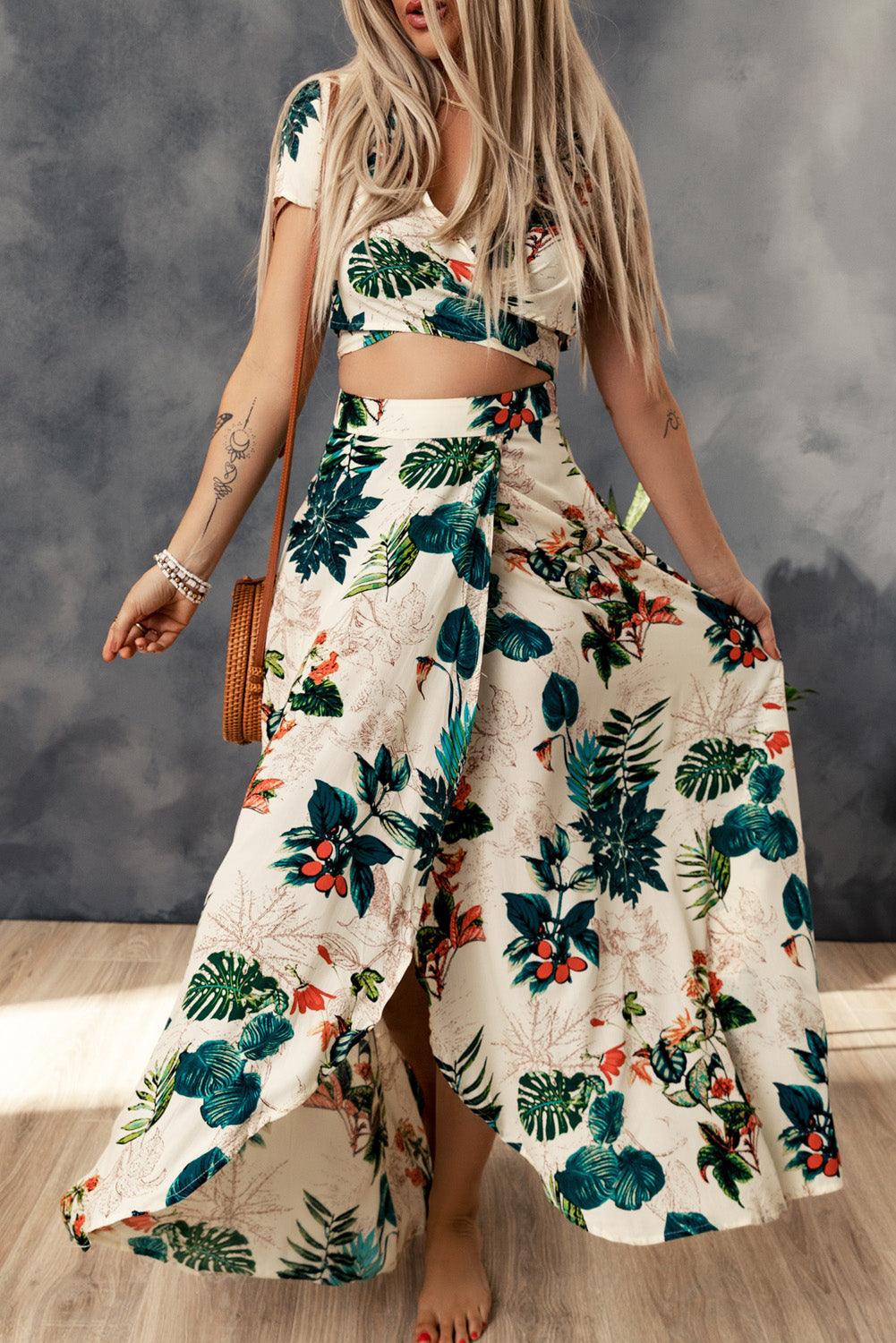 Tropical Print Crop Top and Slit Maxi Skirt Set - Skirt & Top