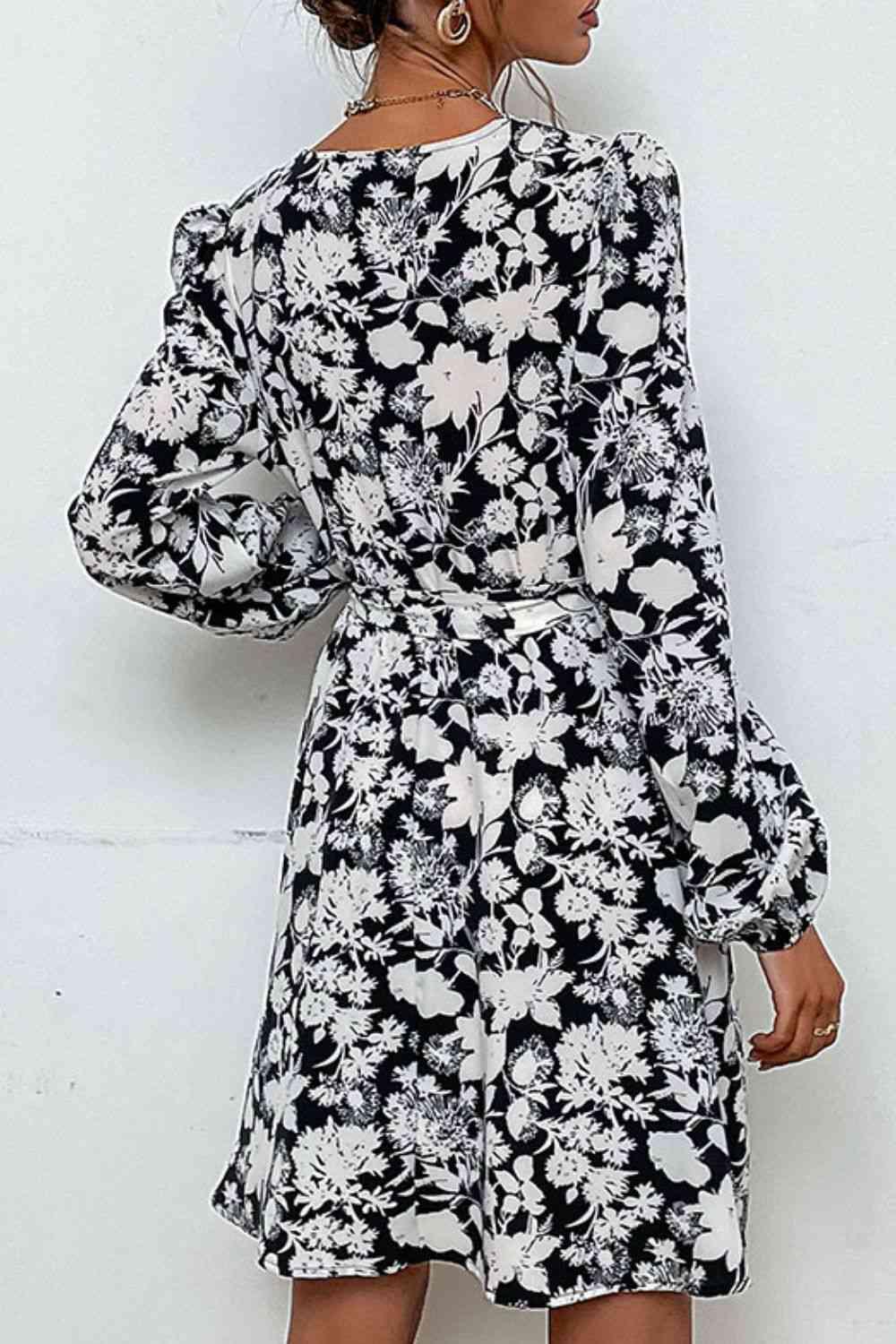 Floral Belted V-Neck Puff Sleeve Mini Dress - Dresses