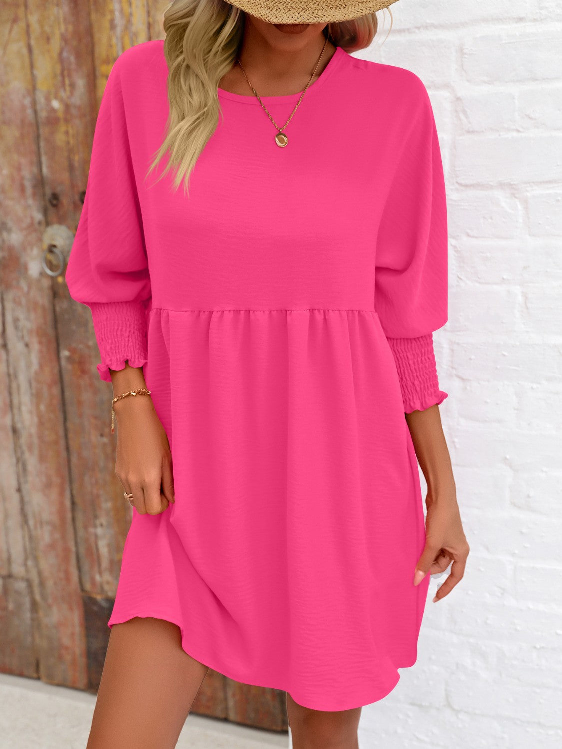 Round Neck Long Lantern Sleeve Mini Dress