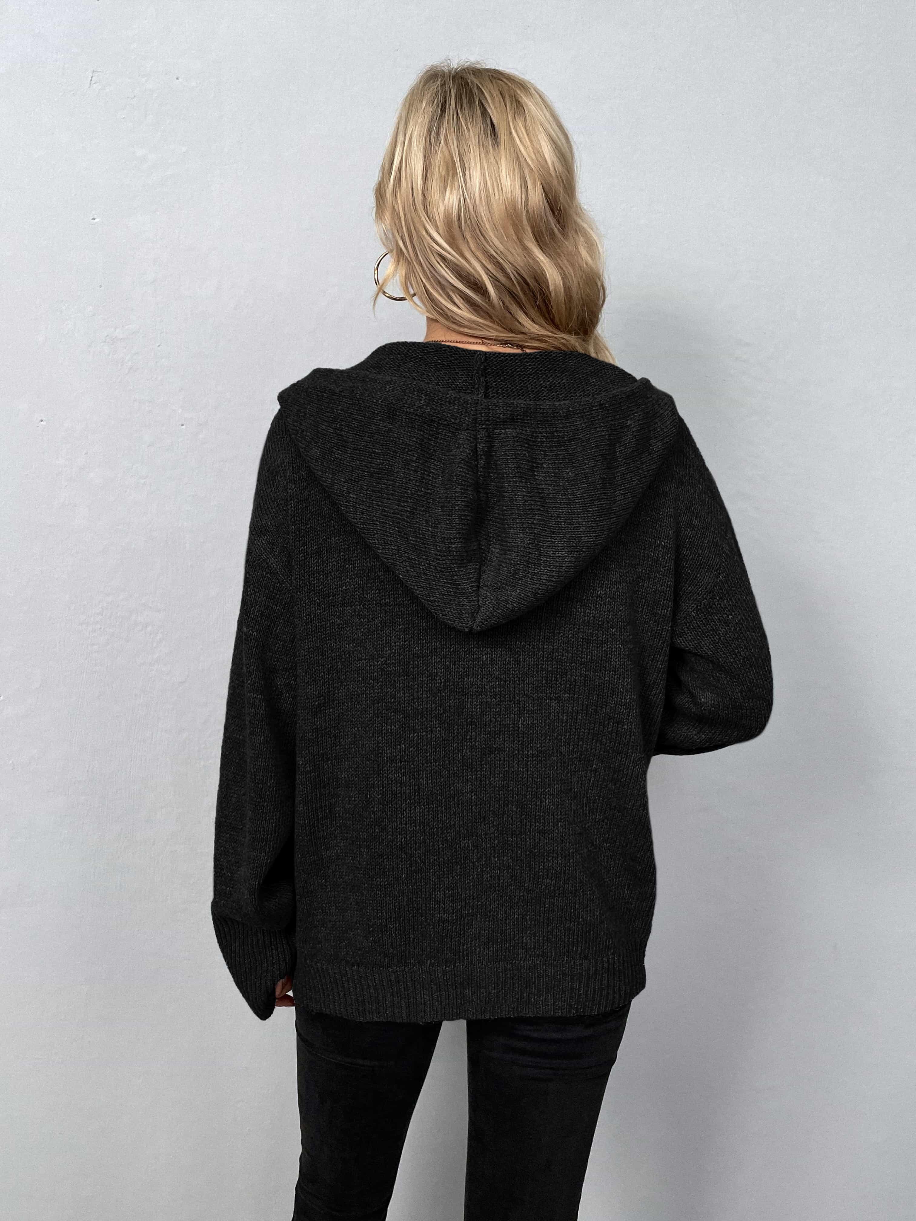 Button-Down Drawstring Long Sleeve Hooded Sweater - Sweater