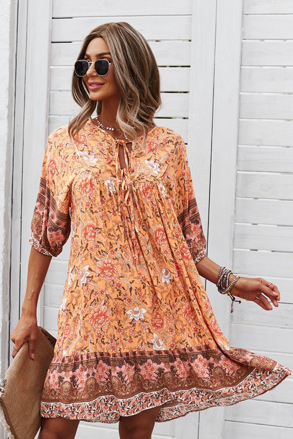 Bohemian Floral Tie Neck 3/4 Sleeve Short Tiered Dress - Dresses