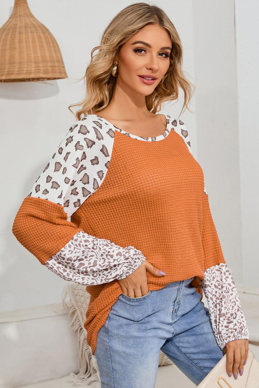 Leopard Waffle-Knit Long Sleeve Top - Top