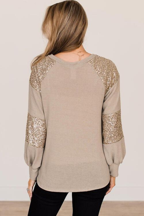 Sequin Round Neck Long Sleeve Top - Top