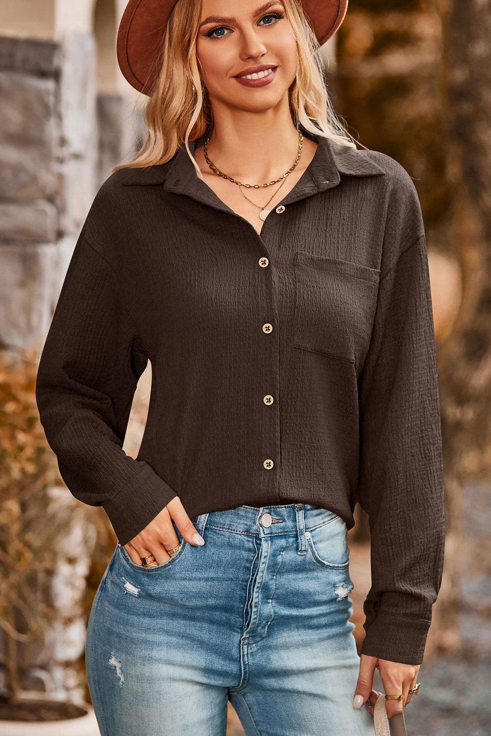 Twisted Collared Neck Long Sleeve Shirt - Shirt