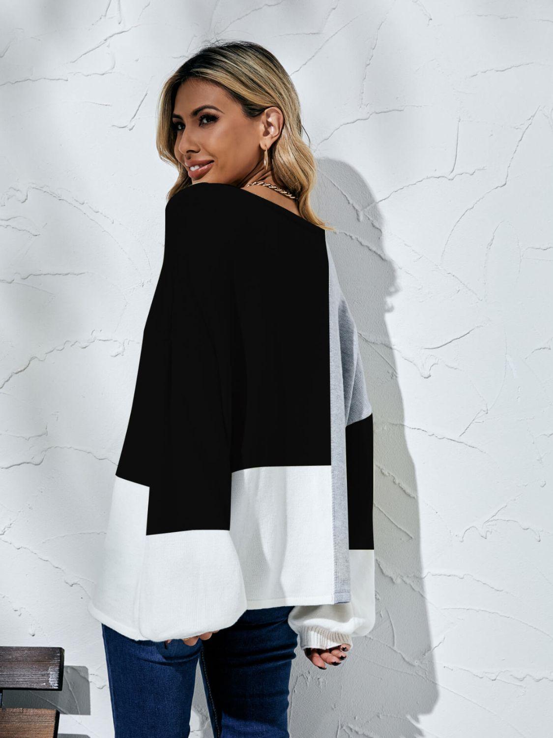 Color Block Balloon Sleeve Boat Neck Sweater - Sweater