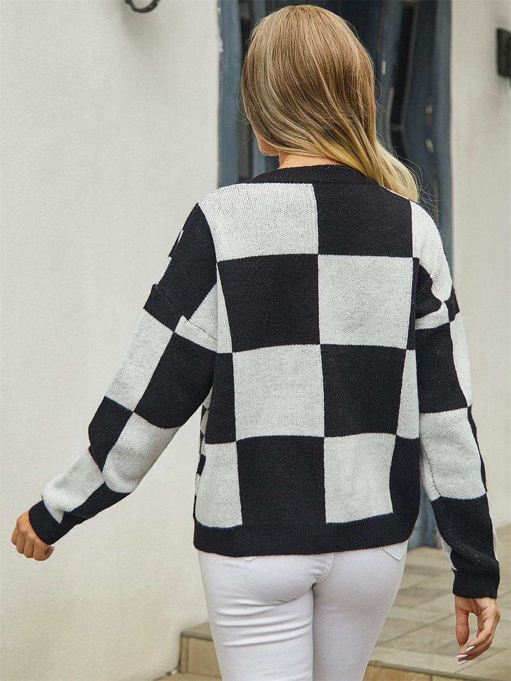 Checkered V-Neck Dropped Shoulder Sweater Cardigan - Cardigan