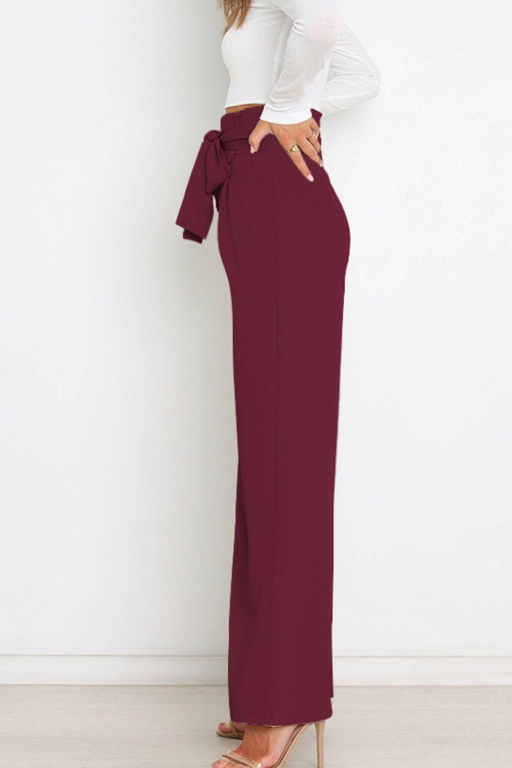 Tie Front Paperbag Wide Leg Pants - Pant