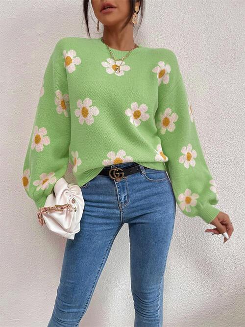 Flower Round Neck Latern Sleeve Sweater - Sweater