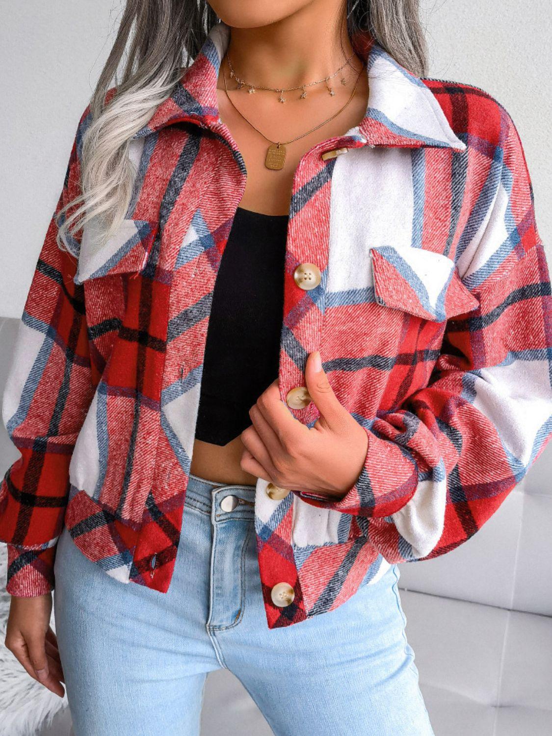 Plaid Collared Neck Cropped Shirt Jacket - Jacket