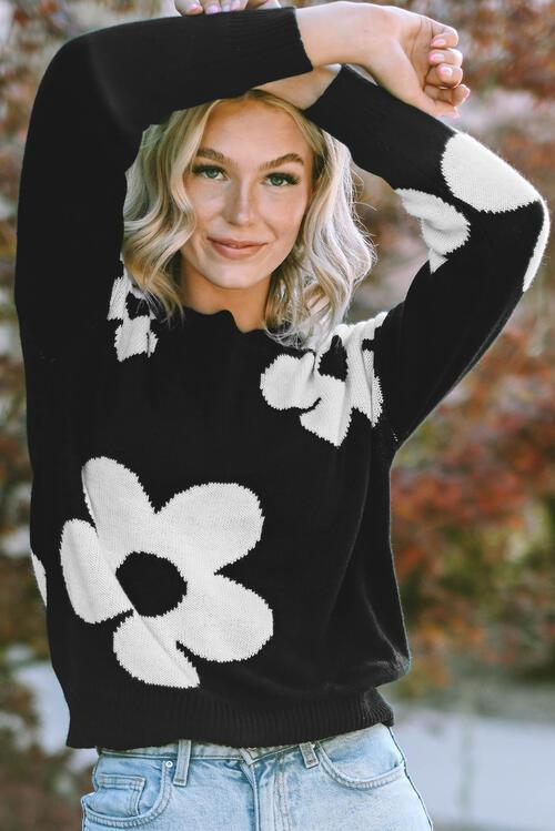 Round Neck Floral Pattern Sweater - Sweater