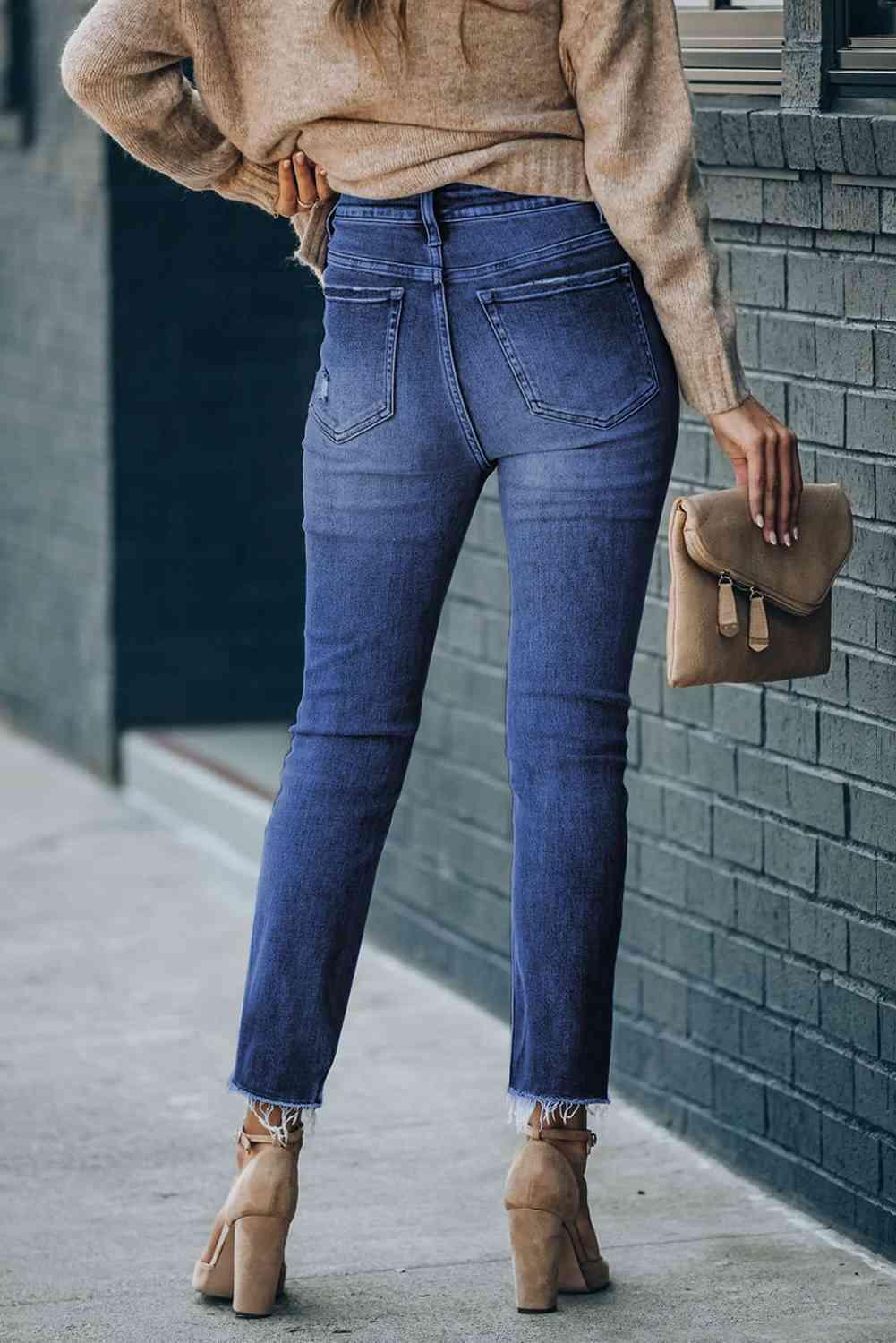 High Waist Raw Hem Skinny Jeans - Jeans