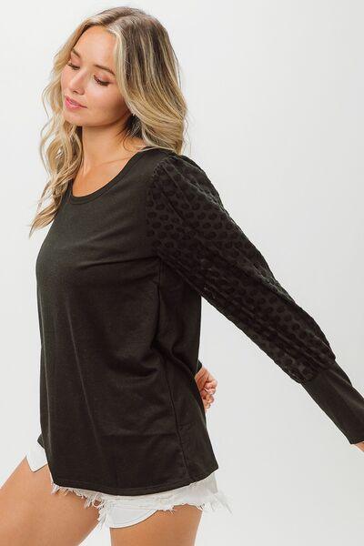 BiBi Round Neck Polka Dot Lantern Sleeve Top - Top