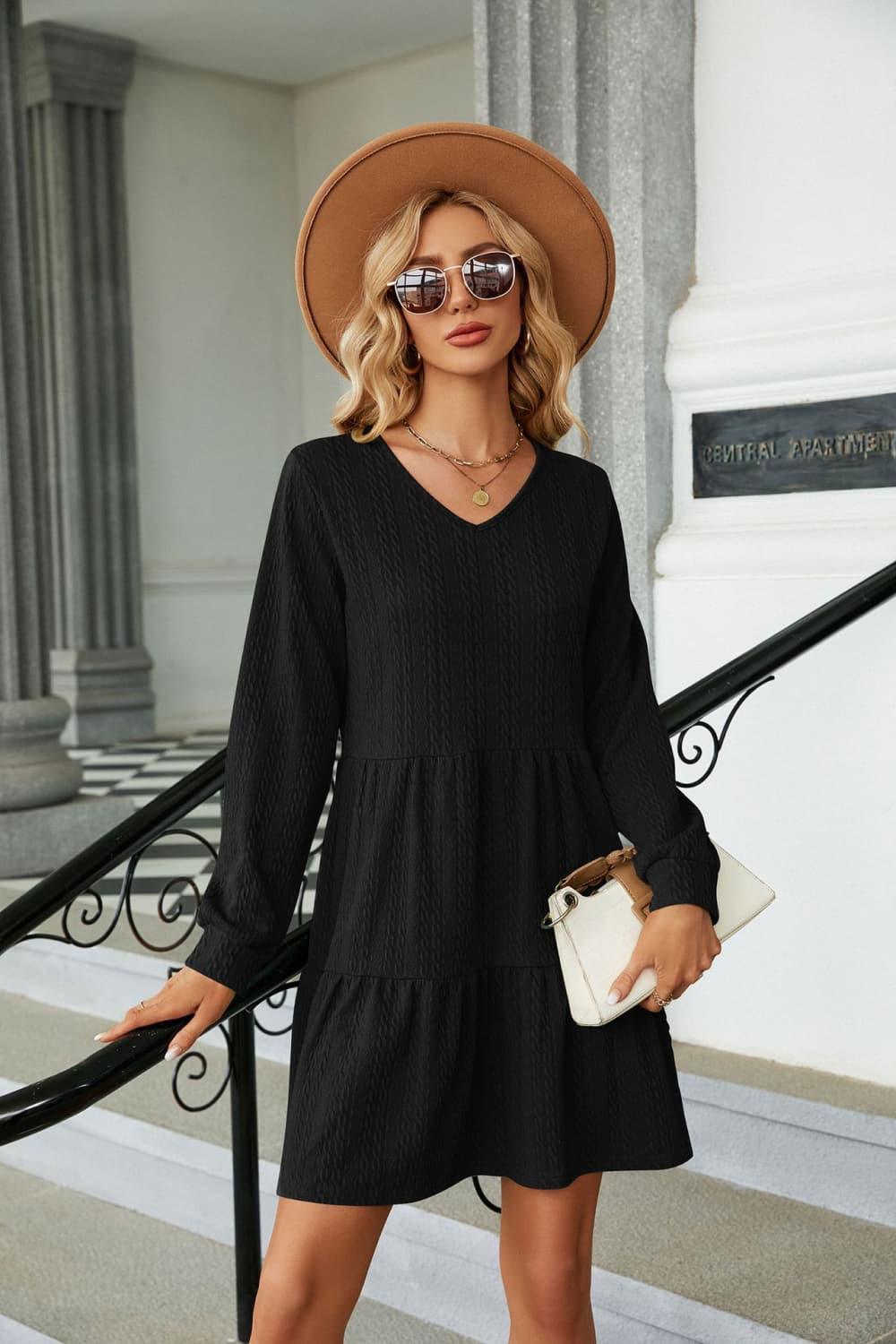 V-Neck Long Sleeve Tiered Mini Dress - Dresses