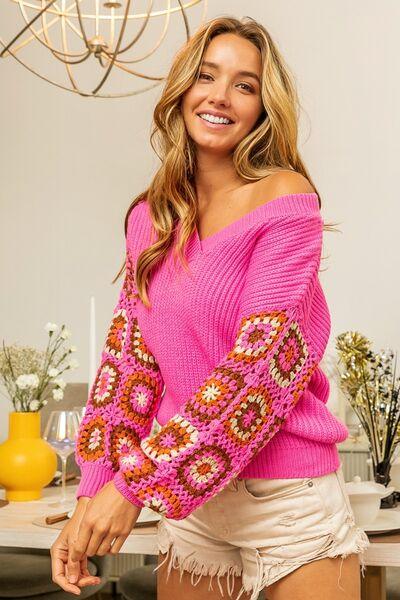 BiBi V-Neck Crochet Long Sleeve Sweater - Sweater