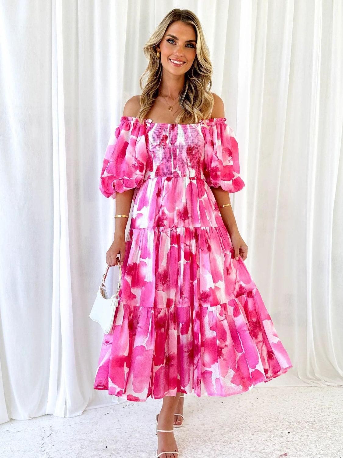 Floral Smocked Off-Shoulder Tiered Midi Dress - Dresses