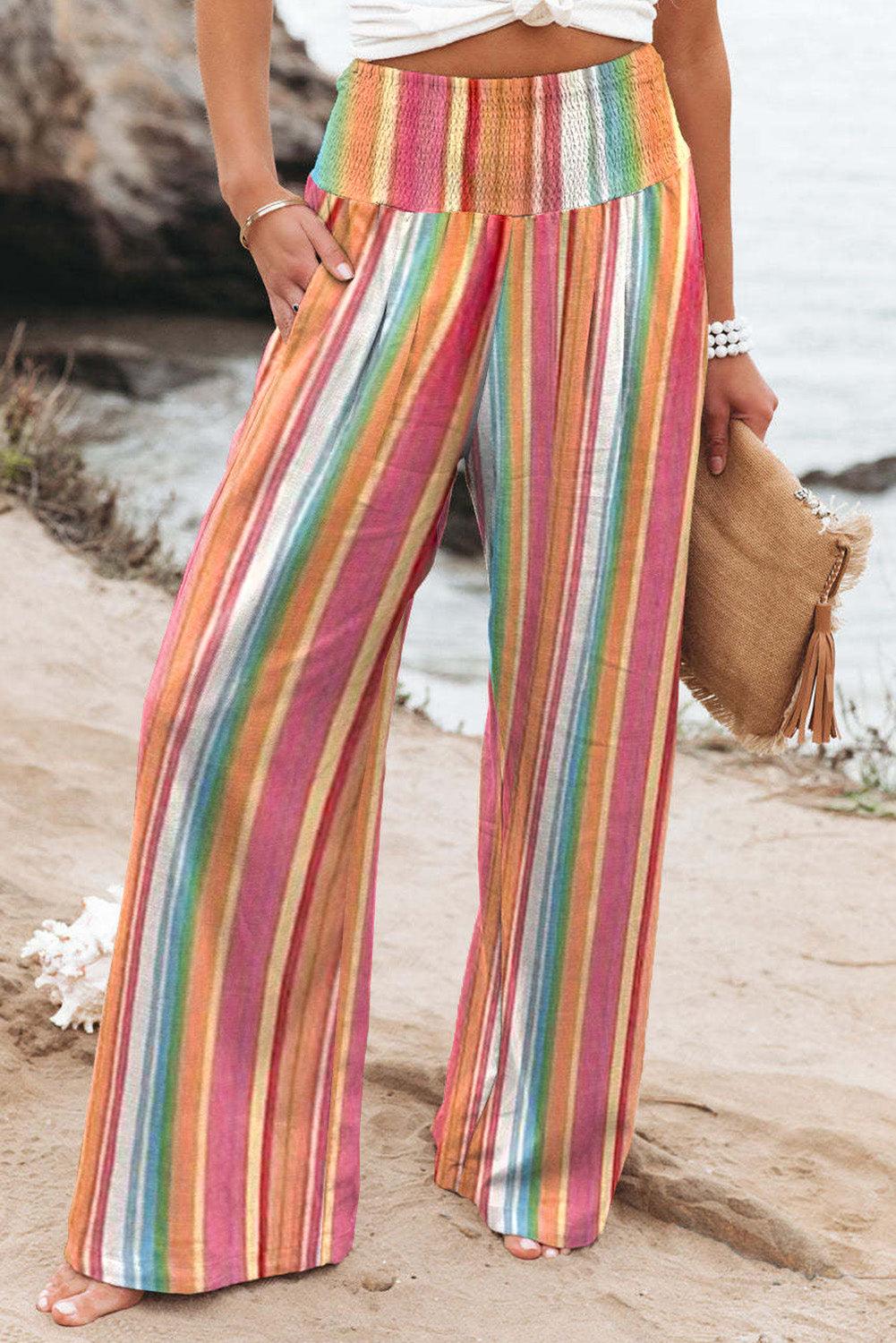 Striped Smocked High Waist Wide Leg Pants - Pant