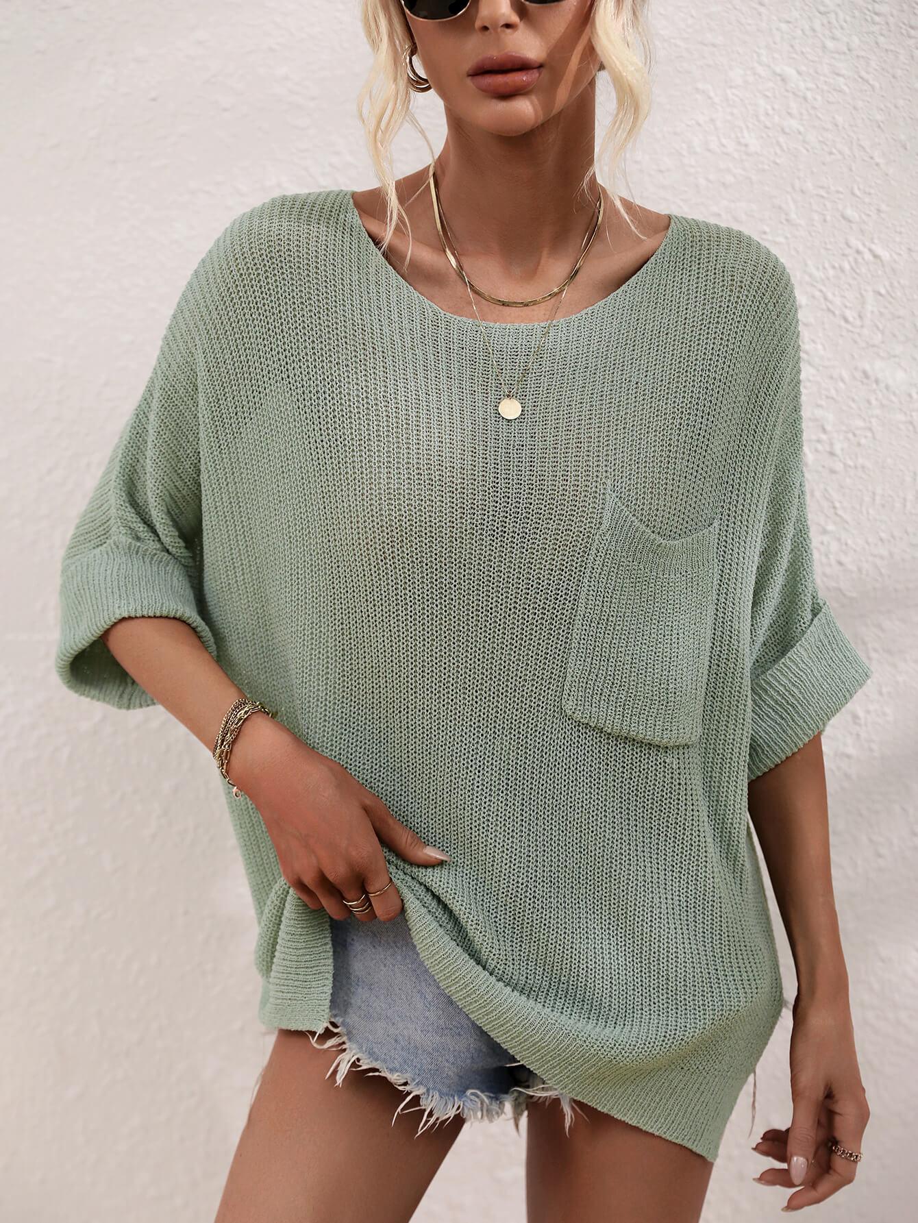 Boat Neck Cuffed Sleeve Slit Tunic Knit Top - Top