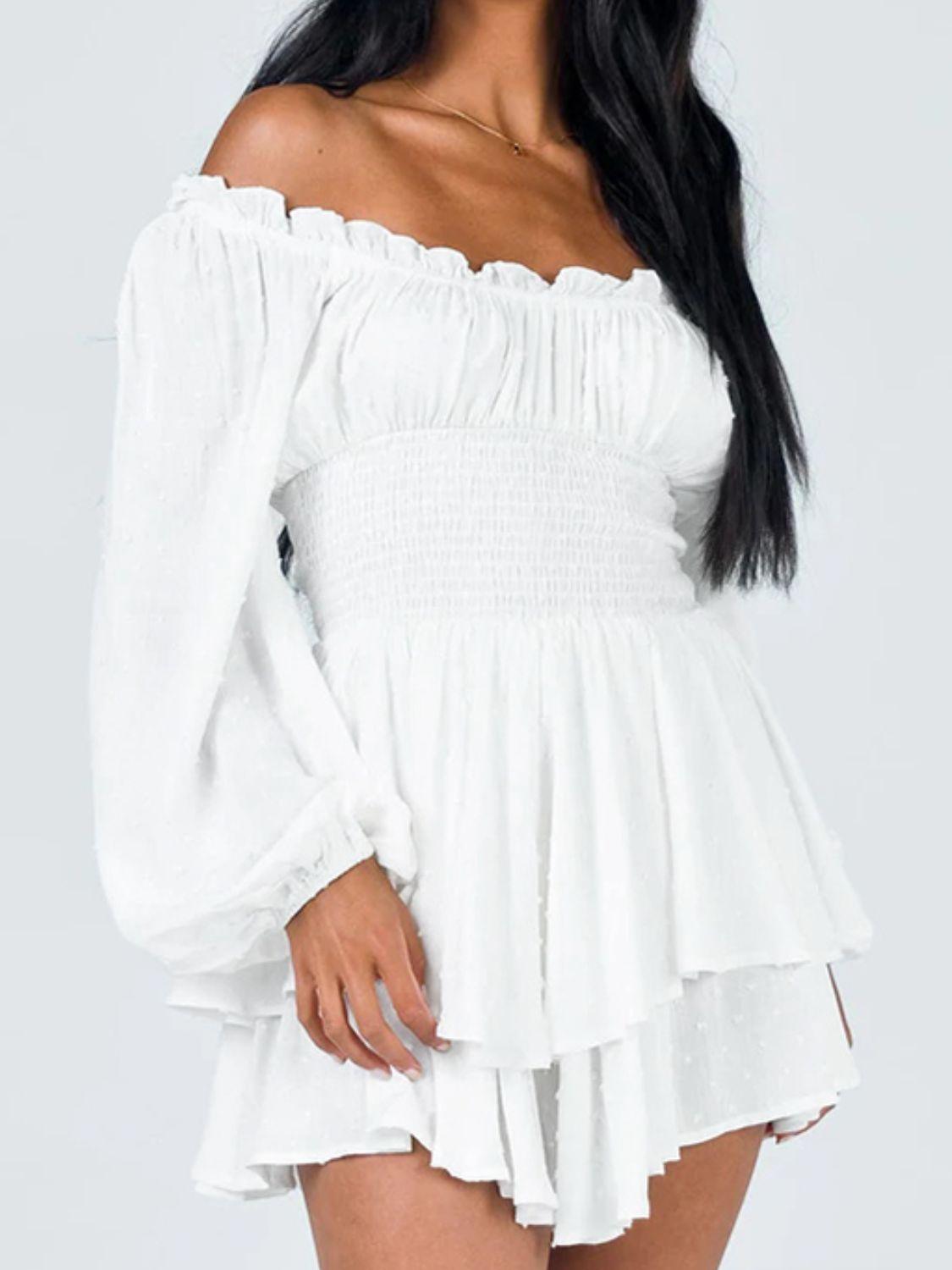 Off Shoulder Smocked Waist Long Sleeve Mini Dress - Dresses