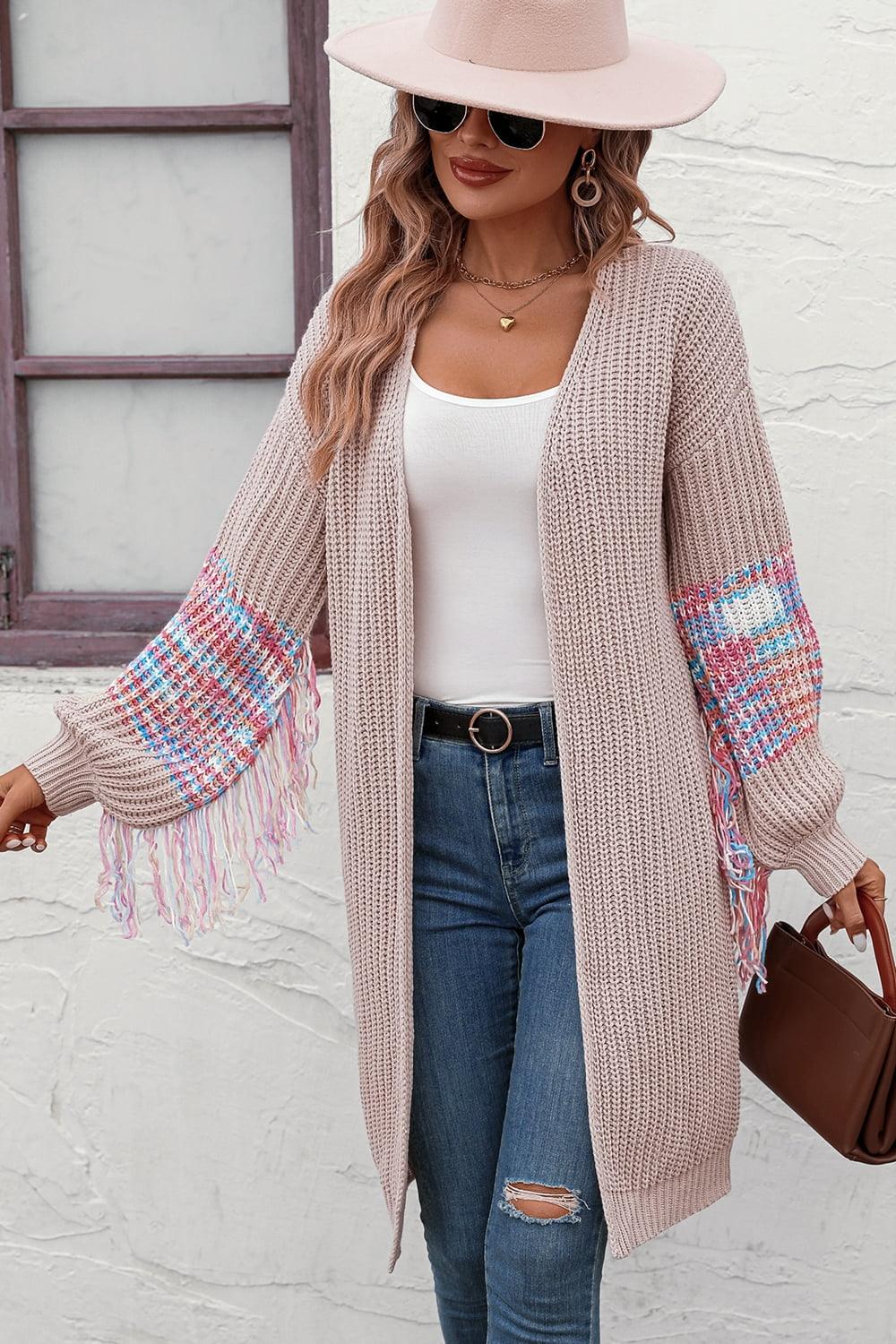 Fringe Sleeve Open Front Openwork Cardigan - Cardigan