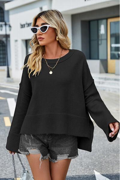 High-Low Slit Round Neck Sweater - Sweater