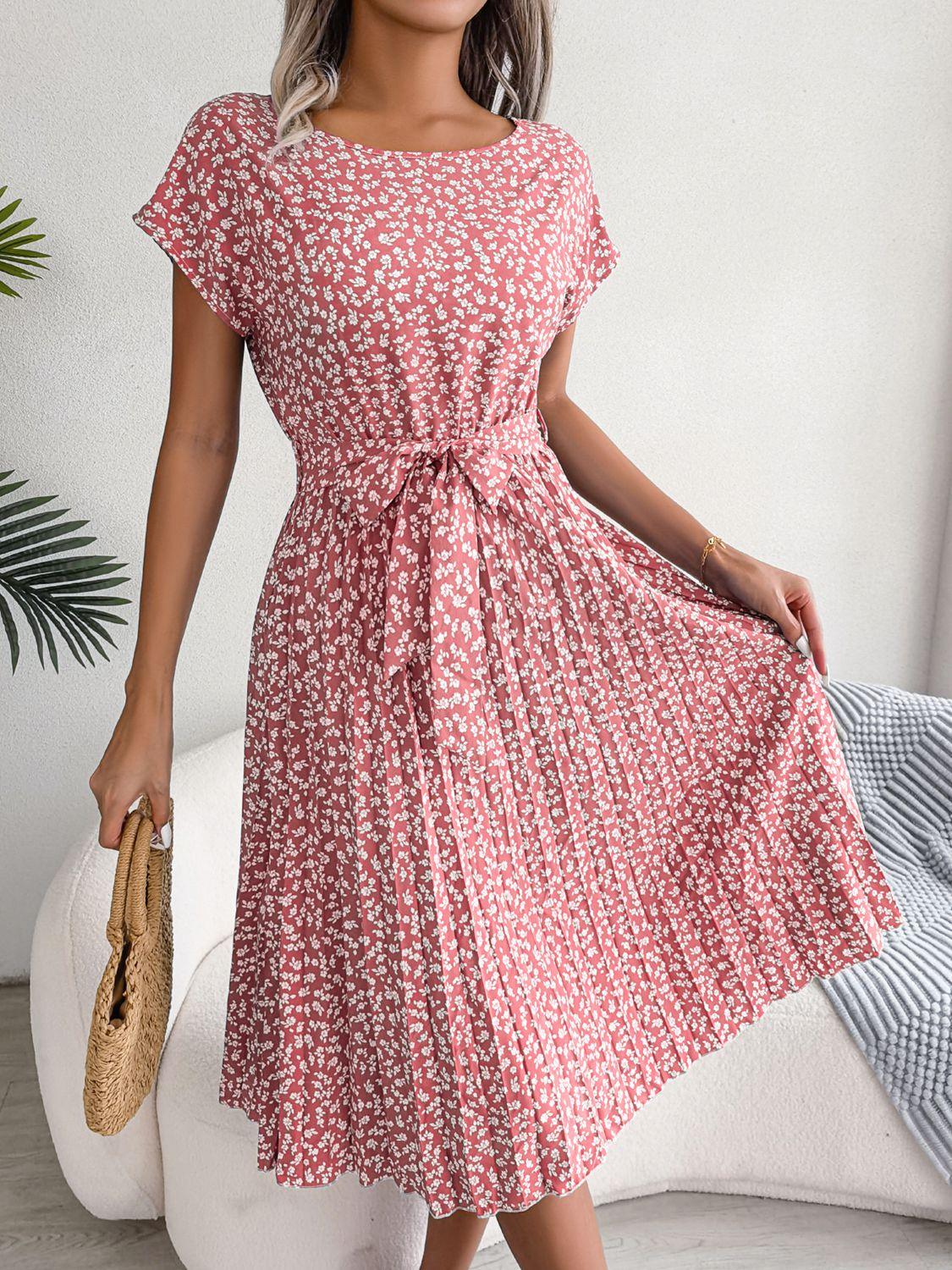 Ditsy Floral Pleated Belted Knee-Length Dress - Dresses