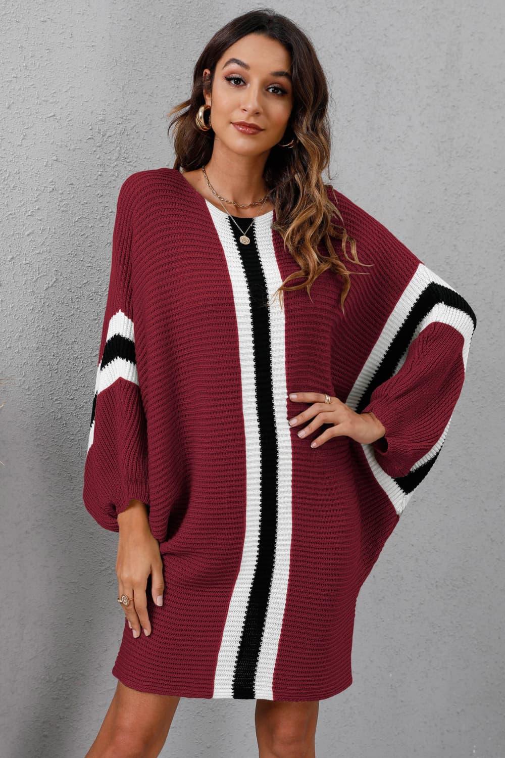 Ribbed Round Neck Long Sleeve Sweater Dress - Dresses