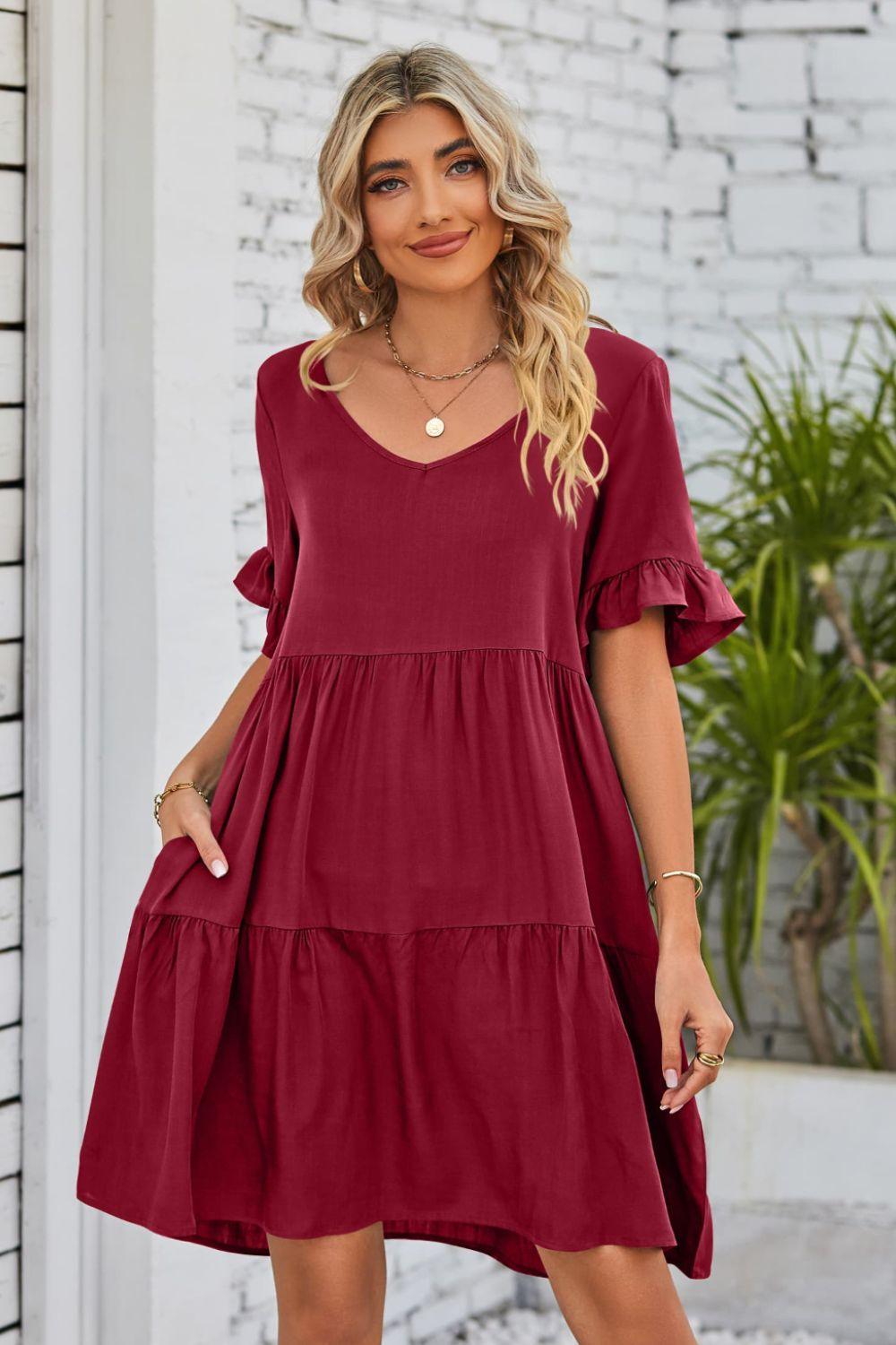 V-Neck Flounce Sleeve Knee Length Ruffle Tiered Dress - Dresses