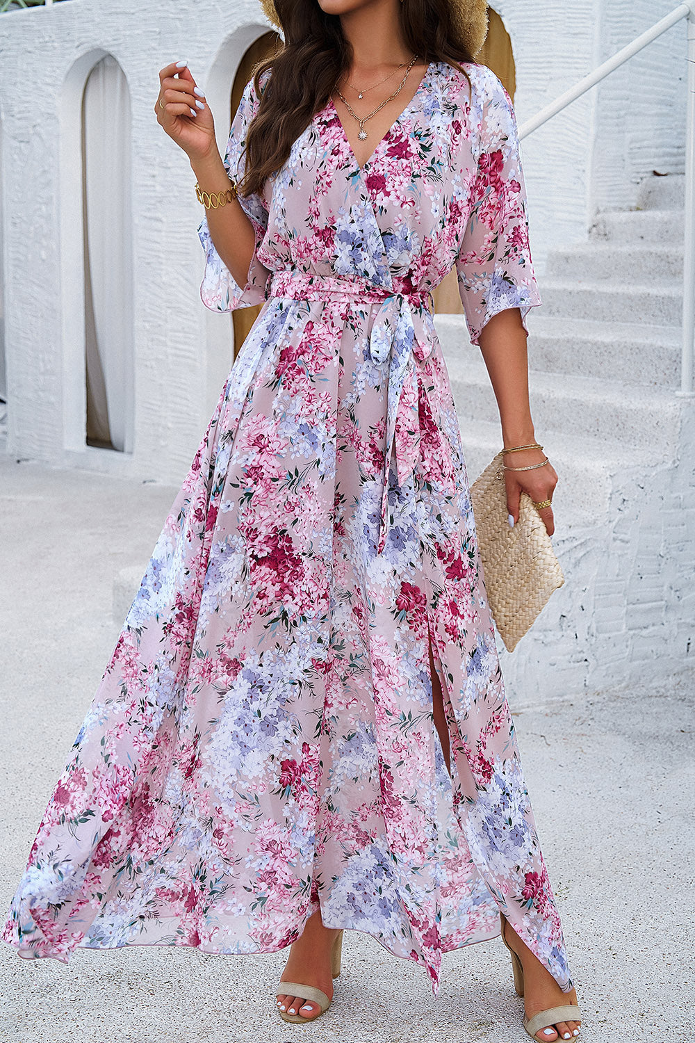 Printed Tied Half Sleeve Slit Maxi Dress