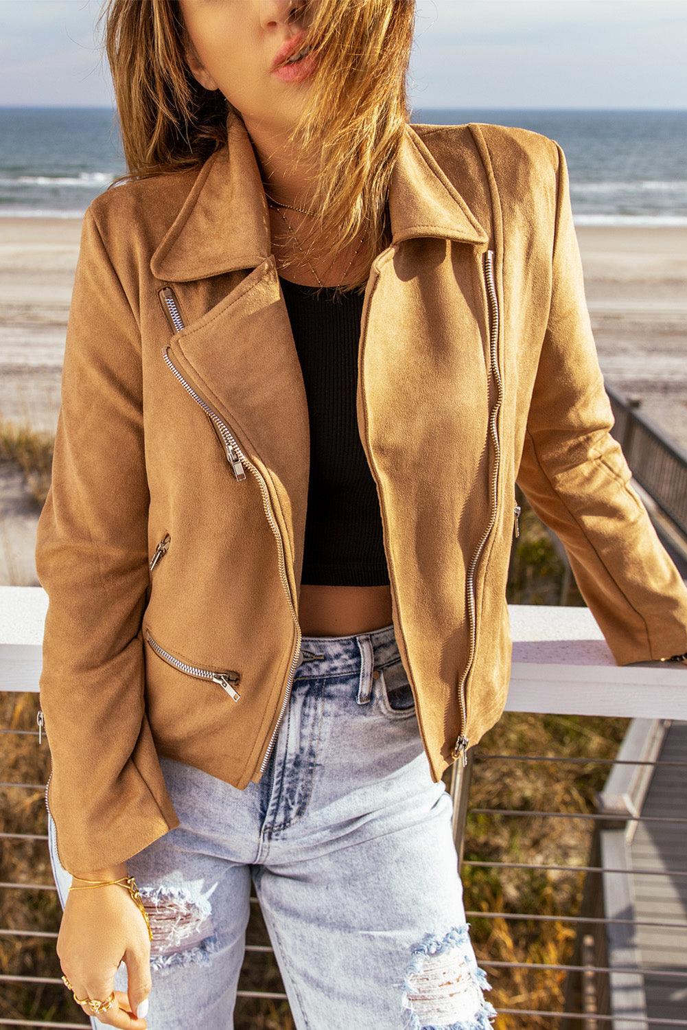 Zip-Up Faux Suede Moto Jacket - Jacket