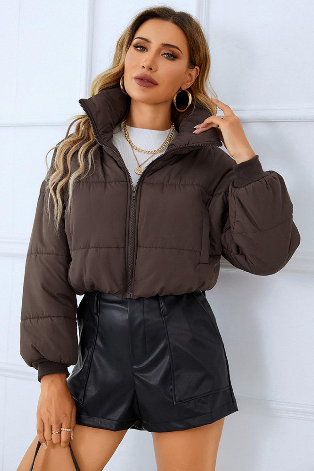 Zip-Up Puffer Jacket with Pockets - Jacket