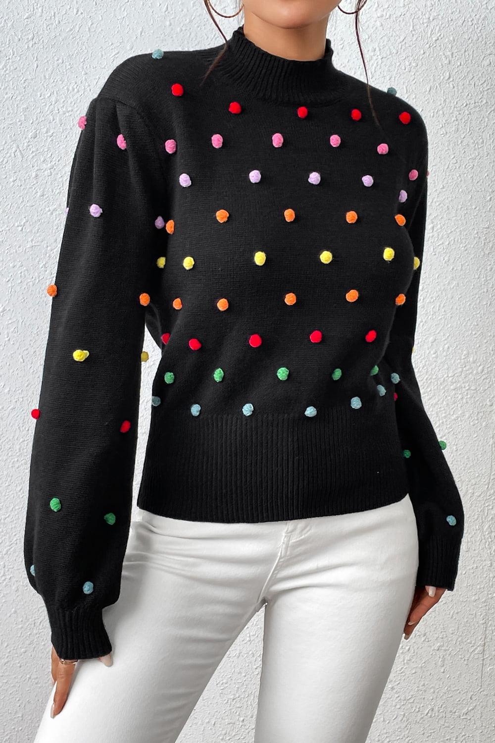 Pom-Pom Trim Mock Neck Long Sleeve Pullover Sweater - Sweater