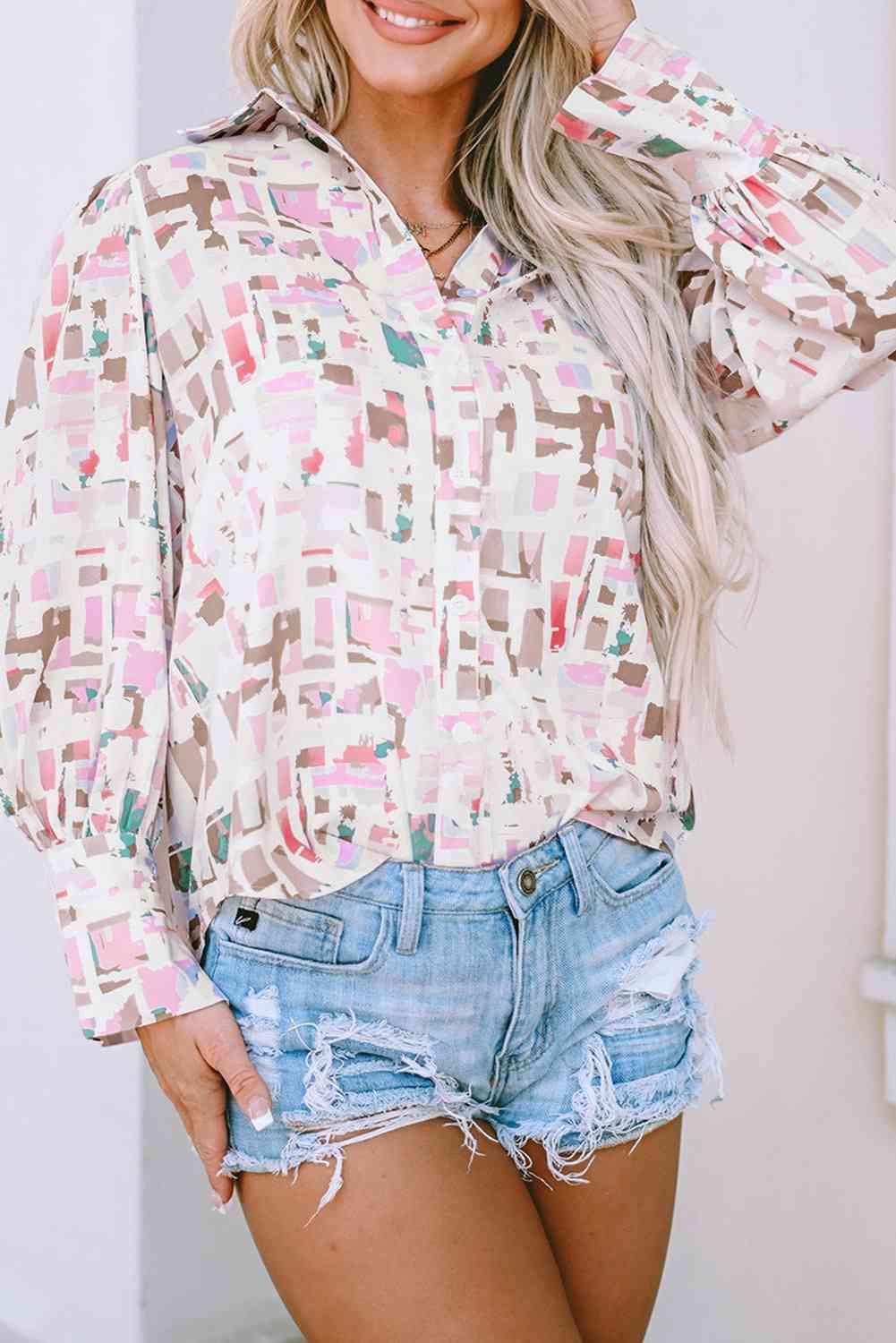 Printed Collared Neck Long Sleeve Shirt - Shirt