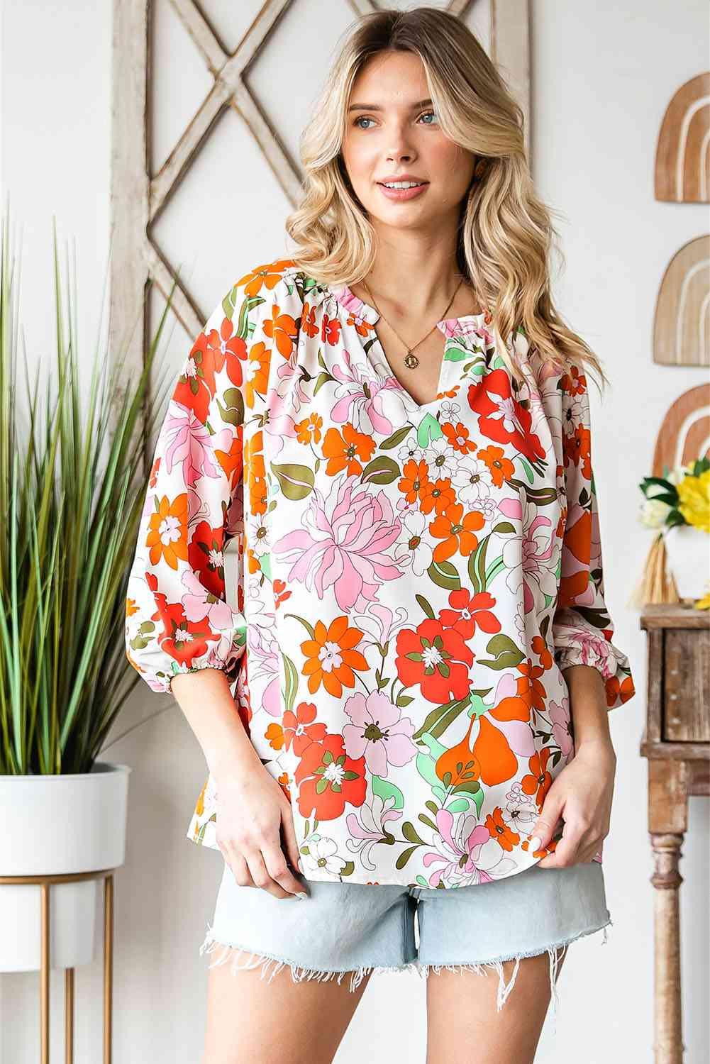 Floral Notched Neck Balloon Sleeve Blouse - Blouse