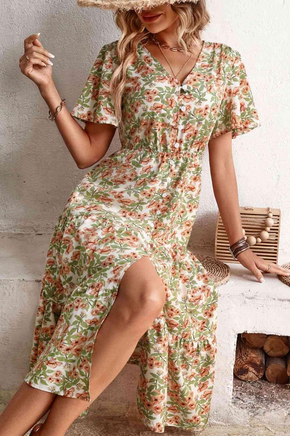 Floral V-Neck Front Slit Shirt Midi Dress - Dresses