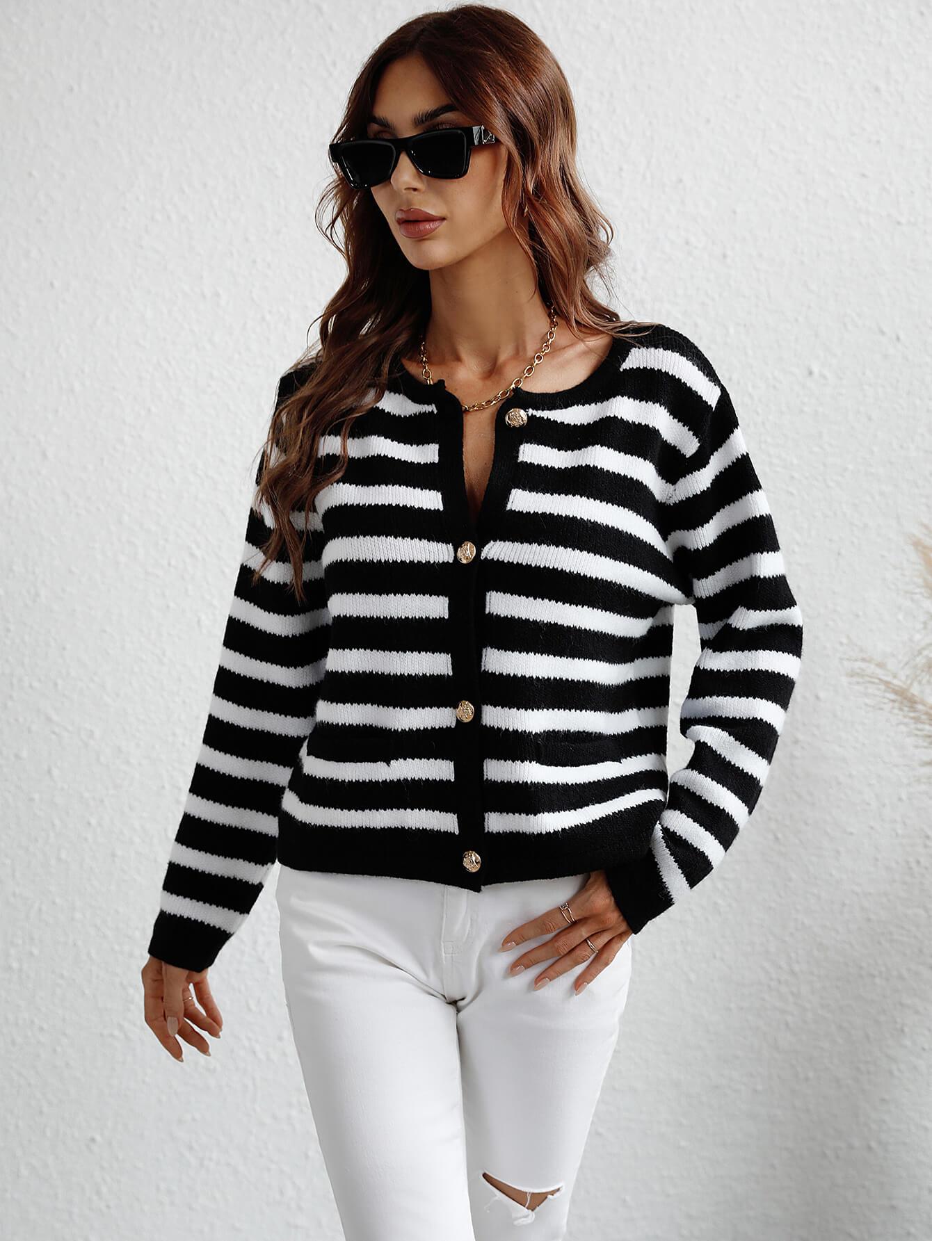 Woven Right Striped Button Front Cardigan - Cardigan