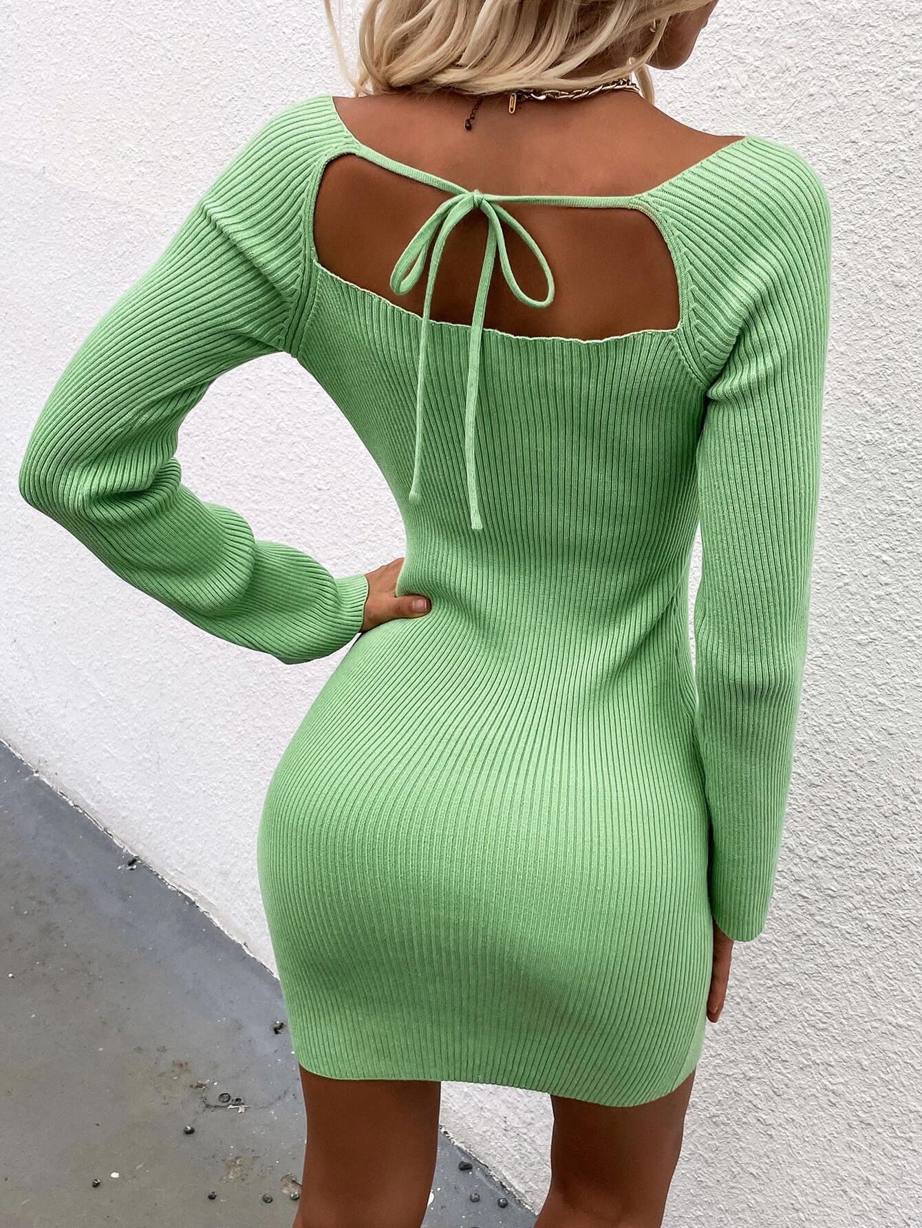 Body-con Square Neck Sweater Dress - Dresses