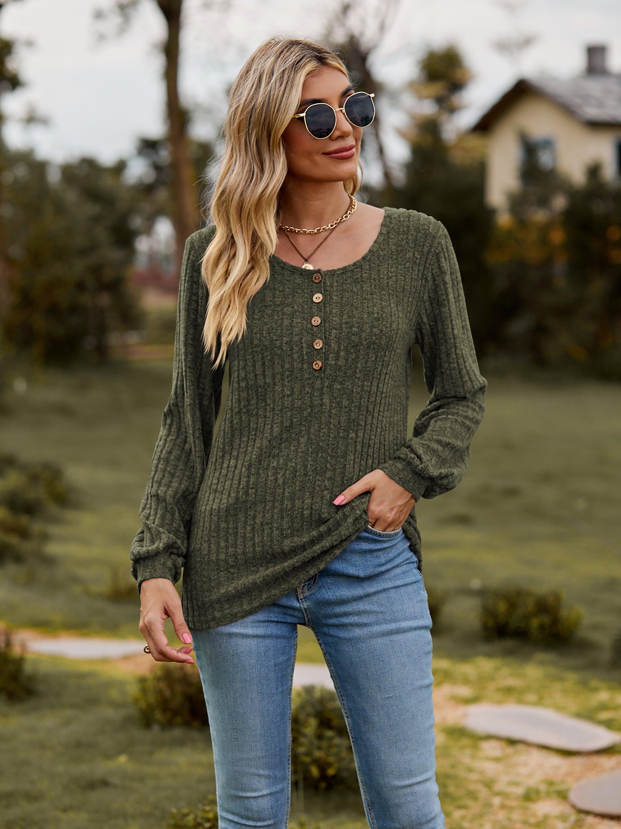 Scoop Neck Button-Down Long Sleeve Top - Top