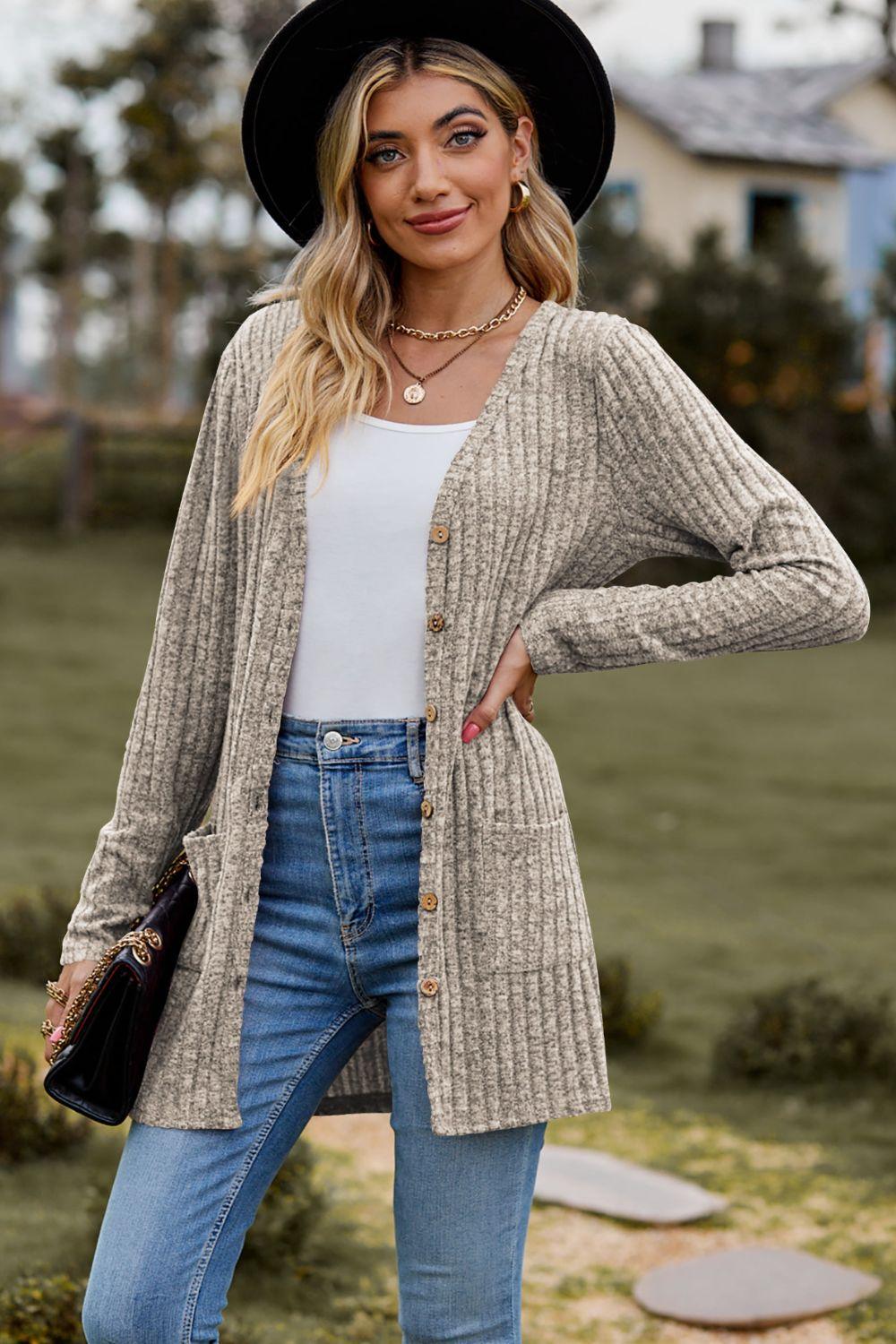 Ribbed Button-UP Cardigan with Pockets - Cardigan