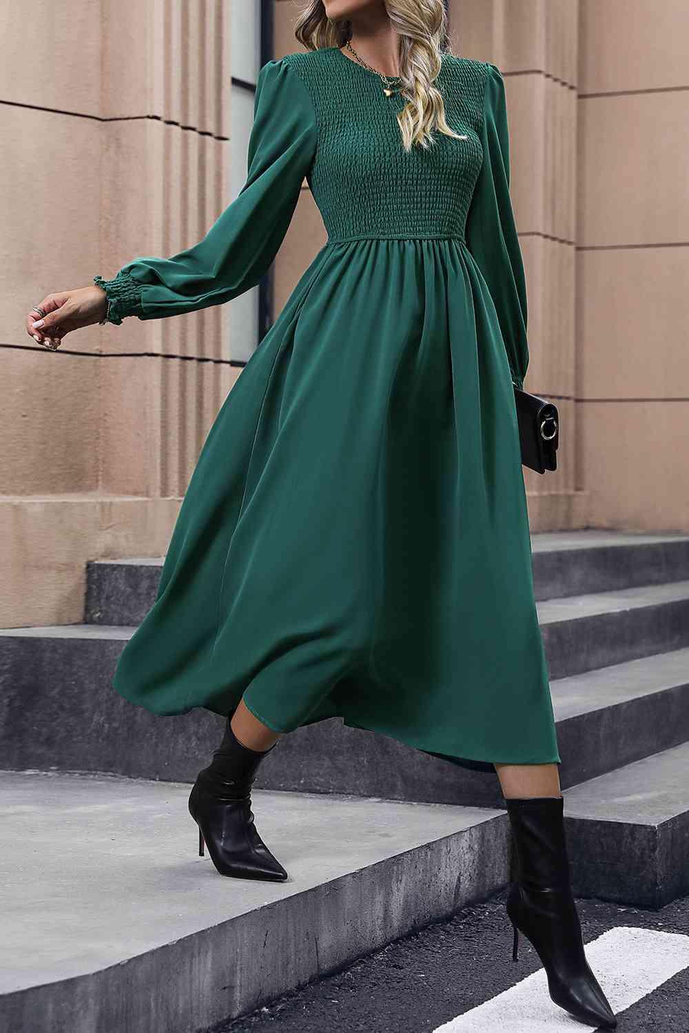 Smocked Long Sleeve Midi Dress - Dresses