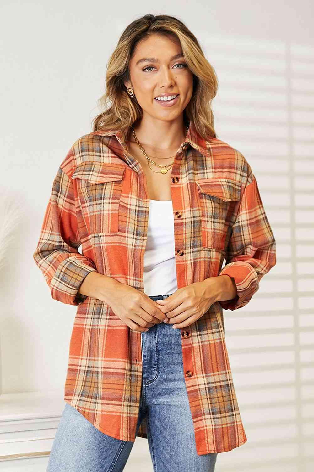 Double Take Plaid Dropped Shoulder Shacket - Shirt