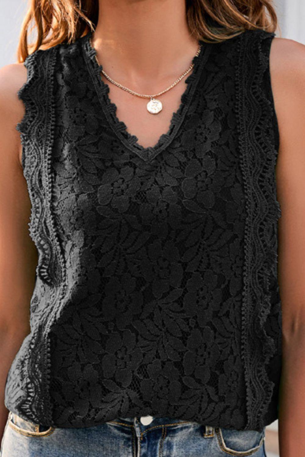 Lace V-Neck Lined Sleeveless Tank Top - Tank