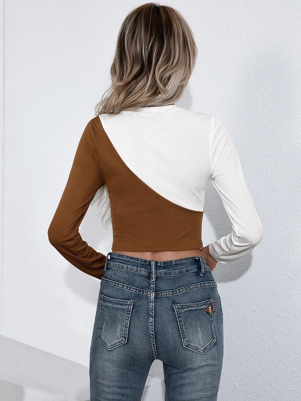 Cropped Contrast Color Round Neck Long Sleeve Top - Top